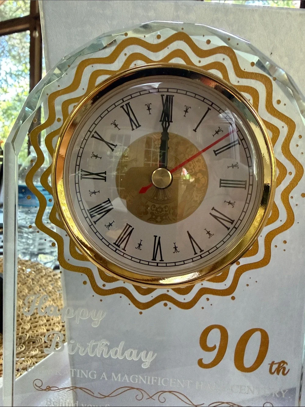 Gold Accent 90th Birthday Glass Clock Plaque